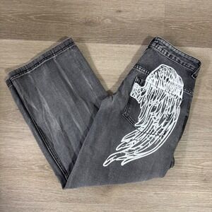 Y2K Disclosure Jeans Womens 7 Gray Angel Wing Graphic Wide Leg Faded Denim